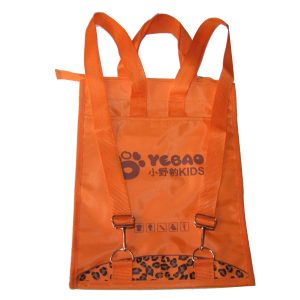 Orange tote bag with adjustable clip-on straps and leopard print details