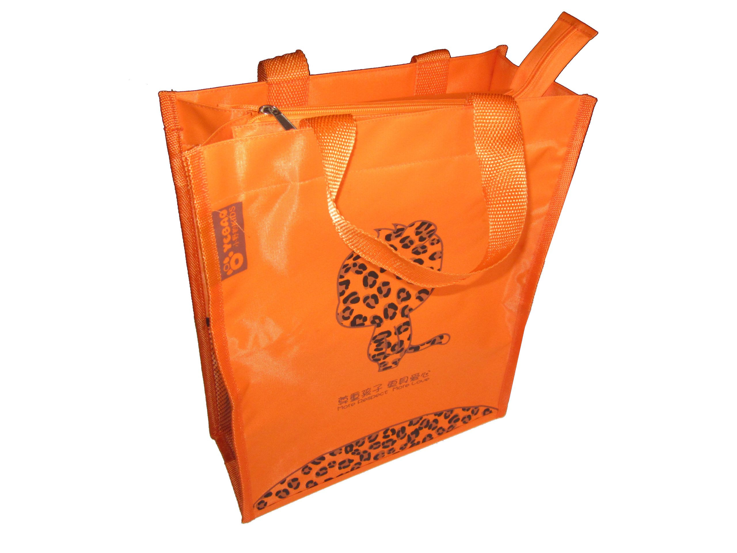 Orange tote bag side angle view showing zipper and side tag