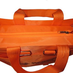 Orange tote bag top opening showing inner zipper closure and woven handle