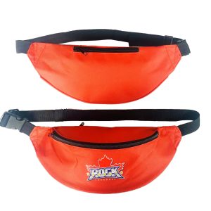 Front and back view of orange waist bag showing front logo and back hidden pocket