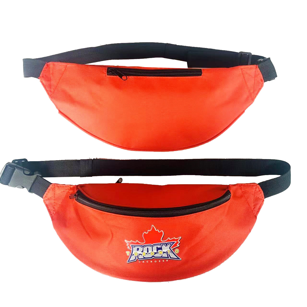 Front and back view of orange waist bag showing front logo and back hidden pocket