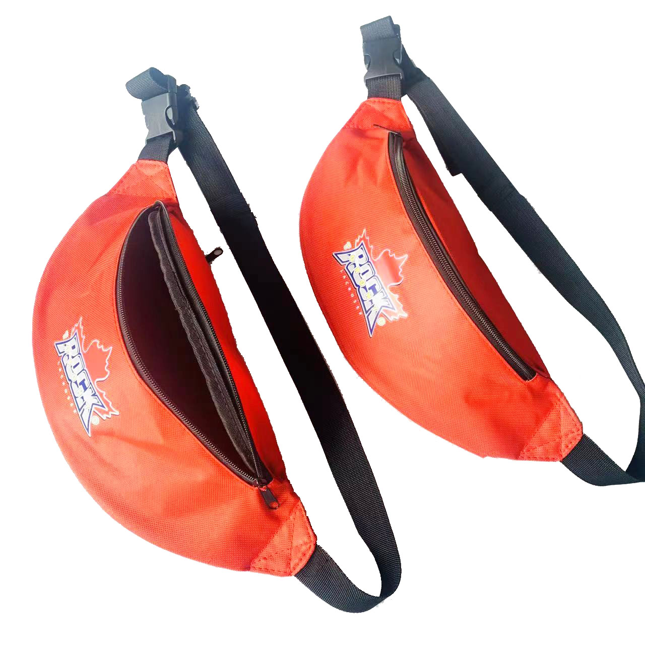 Orange waist bag opened showing interior and curved zipper track