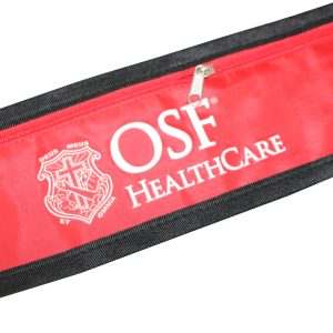 Close-up of white OSF Healthcare logo, crest, and zipper on red wrist pouch