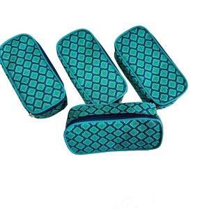 Set of patterned zipper pouches arranged in a fan shape for retail display