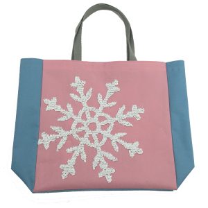 Front view of pink and blue spliced 600D Oxford tote bag