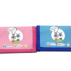 Pink and blue 600D oxford folding wallets with road safety cartoon print