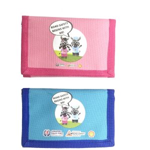 Pink and blue road safety themed folding wallets front view with logos