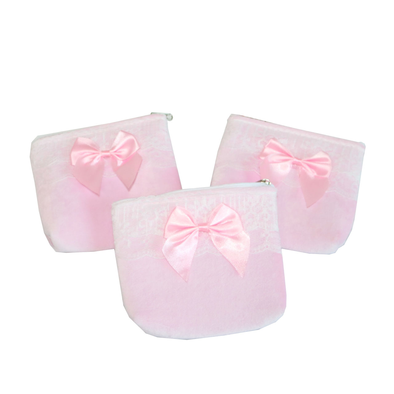 Three pink velvet bow coin pouches arranged in a circle display