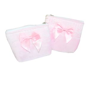 Angled view of pink crystal velvet lace pouch with satin bow and metal zipper