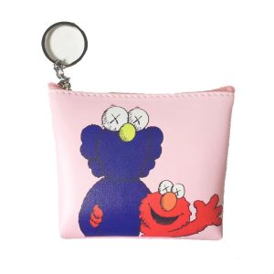 Pink coin pouch with Elmo and Cookie Monster KAWS style print and zipper