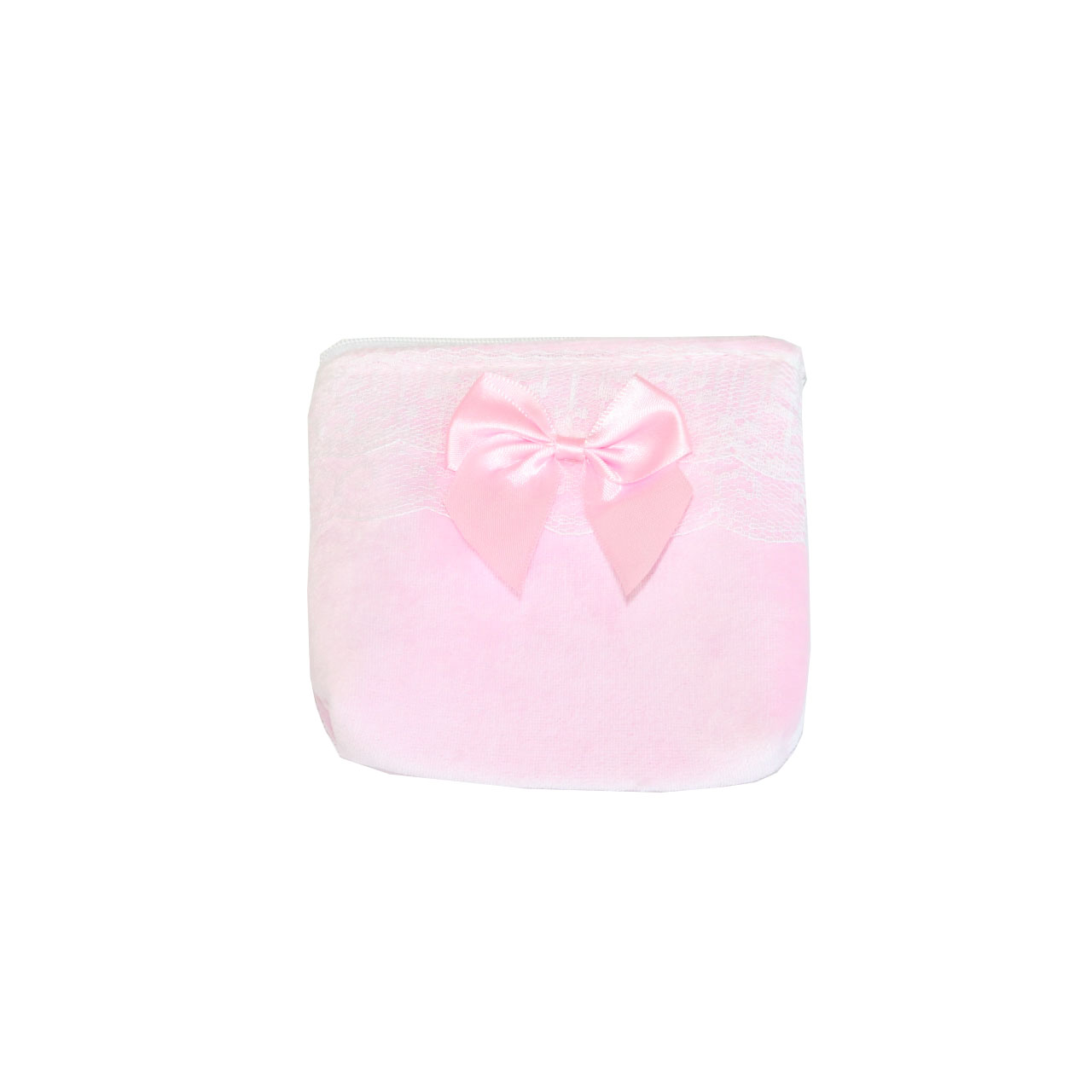 Single pink velvet mini coin bag with lace stitching and pink ribbon bow