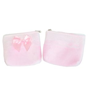 Pink velvet coin purses with white lace trim and pink satin bows side by side