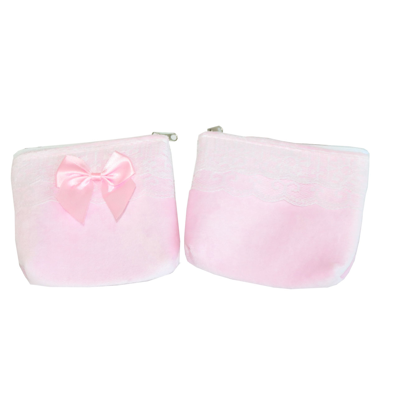 Pink velvet coin purses with white lace trim and pink satin bows side by side