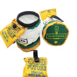 Platform beer can cooler sleeve showing elastic opening and hanging loop