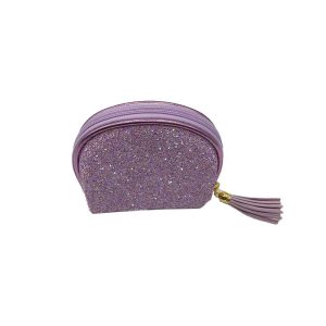 Close-up of purple glitter arch bag with zipper and gold hardware