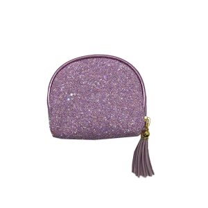 Purple glitter half-moon cosmetic pouch front view