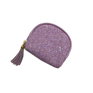 Angled view of purple glitter arch pouch for small accessories
