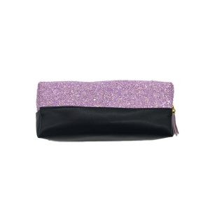 Black PU leather bottom and purple glitter top back view of cosmetic pouch