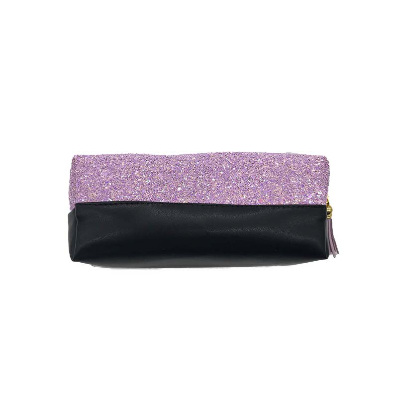 Black PU leather bottom and purple glitter top back view of cosmetic pouch