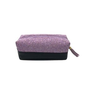 Purple glitter and black PU spliced cosmetic bag front view