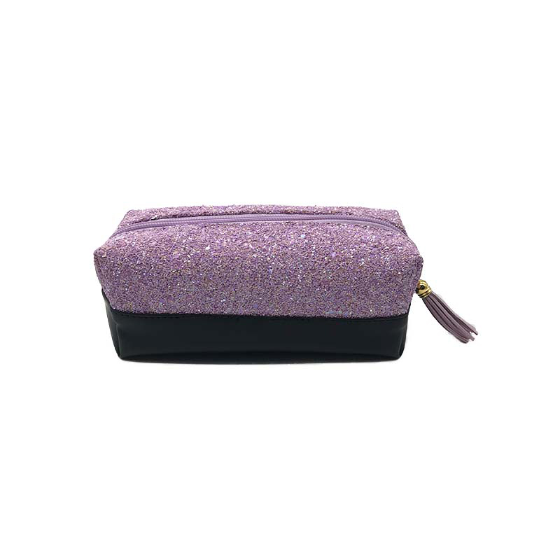 Purple glitter and black PU spliced cosmetic bag front view