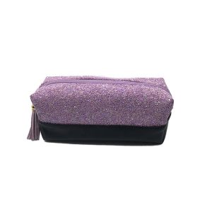 Purple glitter spliced cosmetic bag with black PU leather base