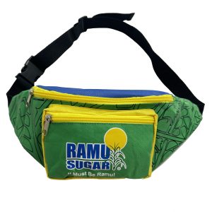 Multi-color Ramu Sugar branded waist bag front view with yellow zippers