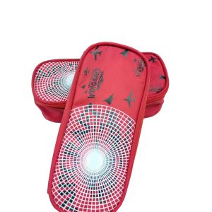 Red airplane print storage pouch angled view with zipper closure