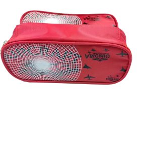 Red oval pencil case with radar grid pattern and WINGSHO aviation print front view
