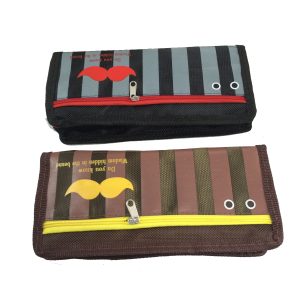 Black and brown striped mustache pencil cases set showing top zipper and pockets