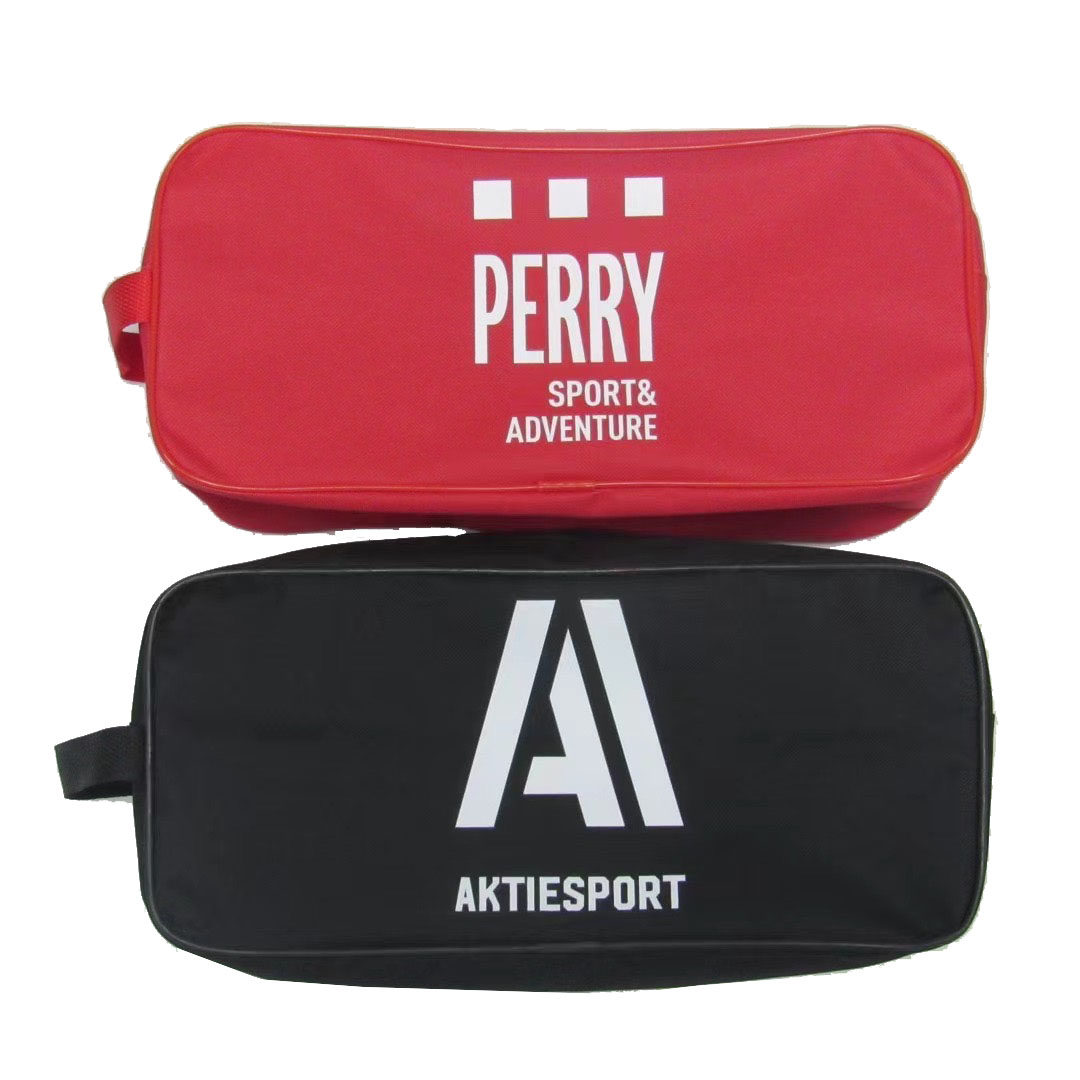 Red and black sport shoe bags front view with custom white logos and prints