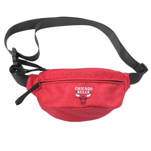 Red Bulls style sport fanny pack with black zipper and dot pattern