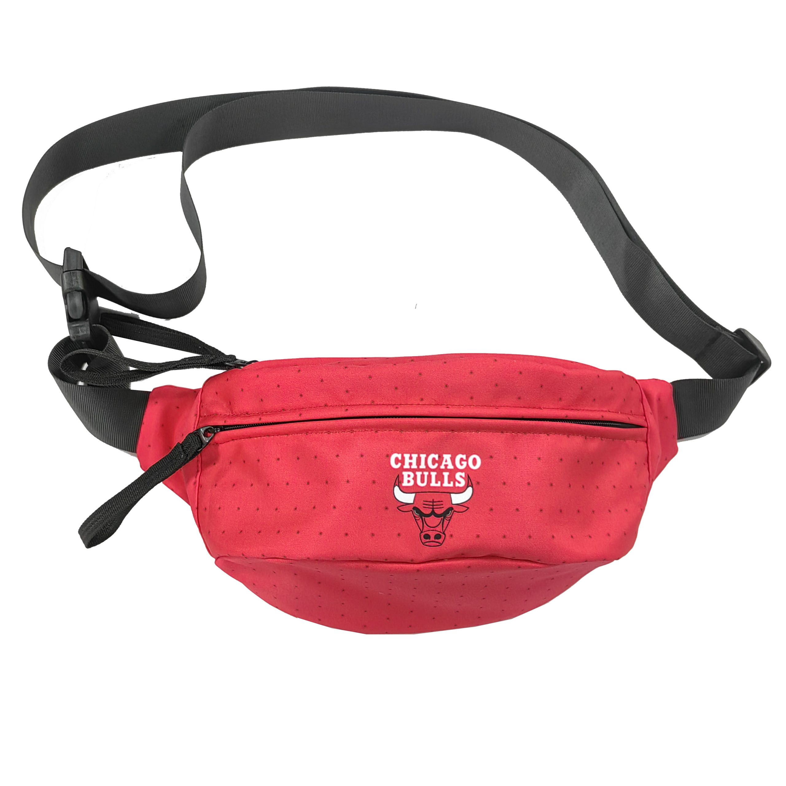 Red Bulls style sport fanny pack with black zipper and dot pattern