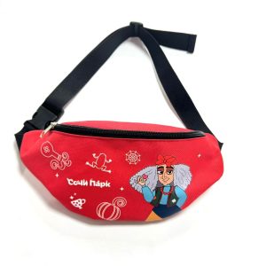 Red crescent fanny pack with cartoon character and science print front view