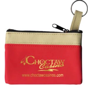 Red and beige keychain coin purse with Choctaw Casino gold logo print