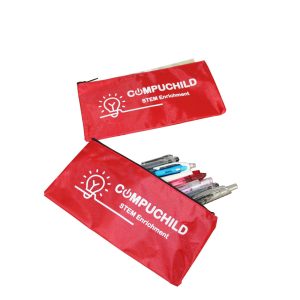 Red nylon pencil pouch filled with pens, custom logo print and white lightbulb graphic