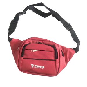 Red crossbody waist bag angled view with buckle and logo