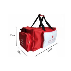 Red duffel bag 55x30x30cm size dimensions with white front pocket