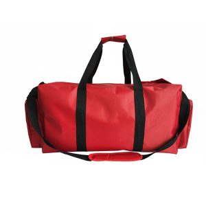 Red sport travel bag back view with adjustable shoulder strap and padded handle