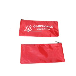 Red branding pencil pouch front and back view showing custom logo placement