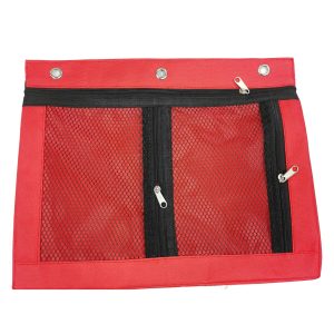 Red mesh binder pouch with dual zipper pockets and three metal rings