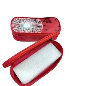 Red aviation pencil pouch opened showing interior lining and protective foam padding