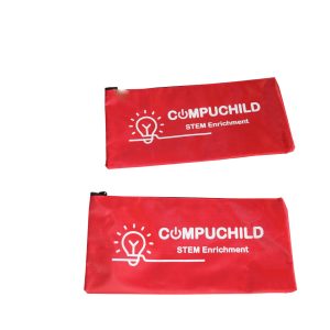 Two red school pencil pouches with white COMPUCHILD STEM logo print