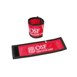 Red sport wrist pouch with OSF Healthcare logo rolled up and opened views
