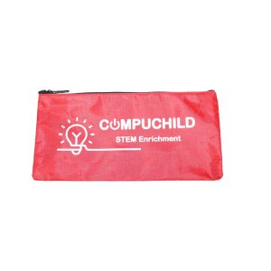 Red STEM educational zipper pouch with white lightbulb logo close up