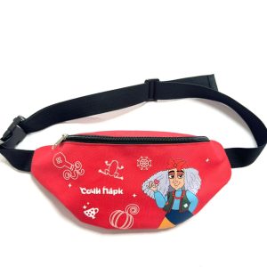 Red theme park sling bag front view with adjustable black strap and buckle
