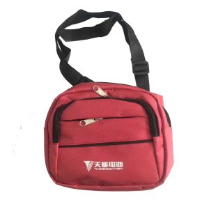 Close-up of red waist bag with Tianneng Battery white logo print