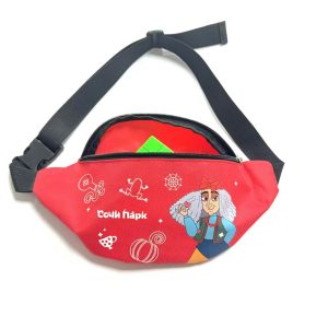 Red science-themed waist bag opened showing inner red lining