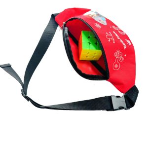 Red cartoon waist bag opened showing a colorful puzzle cube inside