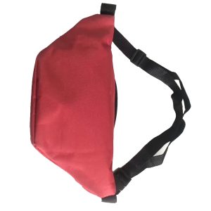Red waist bag side profile showing multiple zipper compartments